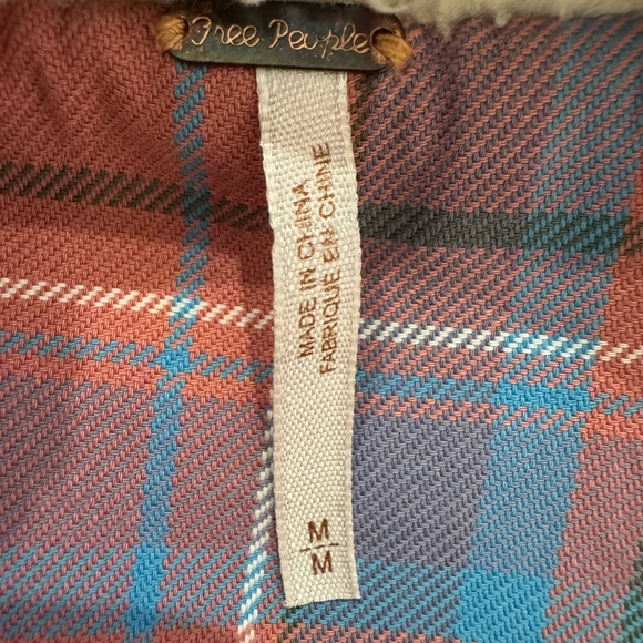 Free People Sherpa Fleece Collar Denim Jacket Plaid Lining - Picture 9 of 9